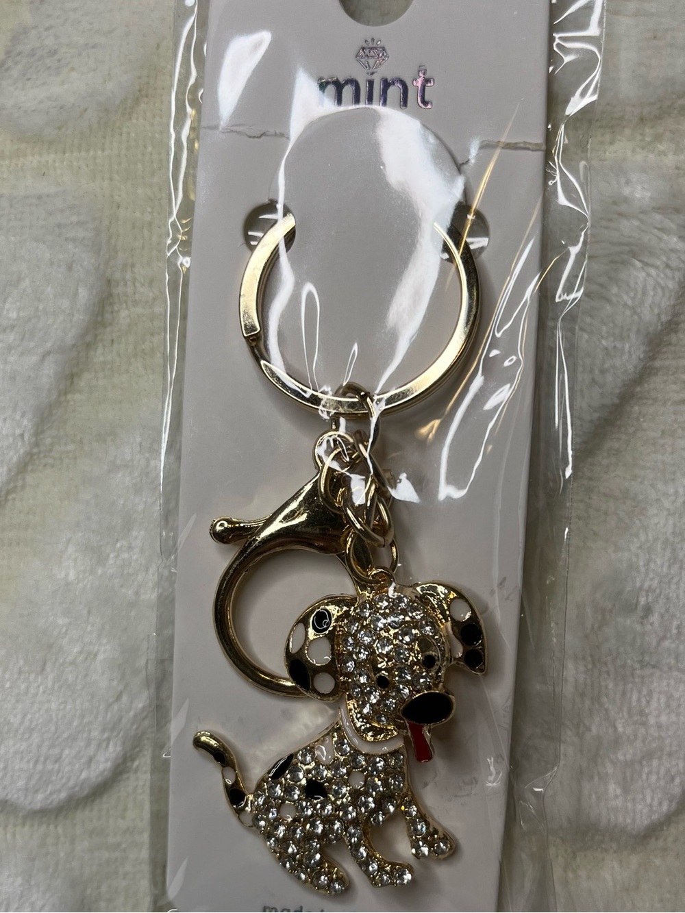 Mint Gold Crystal Puppy Keychain Charm